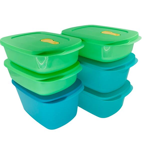 Tupperware Crystalwave Plus 12 Piece 6 Bowls Lids Green Blue Plastic Rectangle - Picture 1 of 9